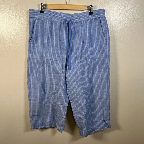 Talbots Cropped Wide Leg Pants Size XL Petite Linen Blend Blue Stripes Vacation - Picture 1 of 8